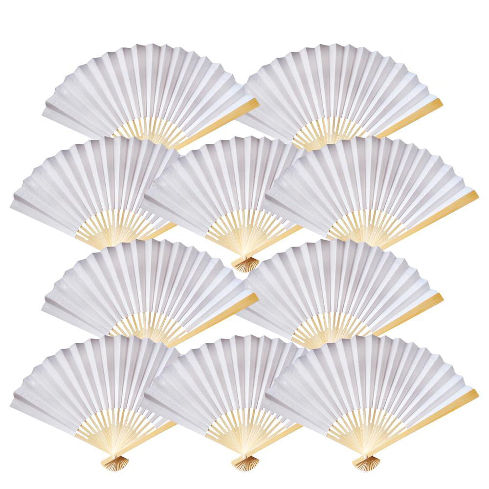 9" White Paper Hand Fans for Weddings, Premium Paper Stock (10 Pack)