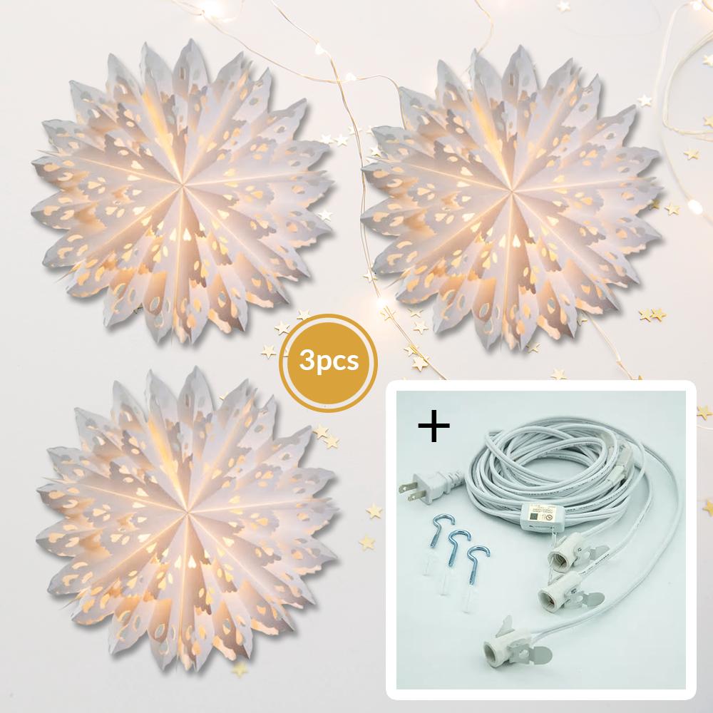 3-PACK + Cord | White Neve 24" Pizzelle Designer Illuminated Paper Star Lanterns and Lamp Cord Hanging Decorations - AsianImportStore.com - B2B Wholesale Lighting and Decor