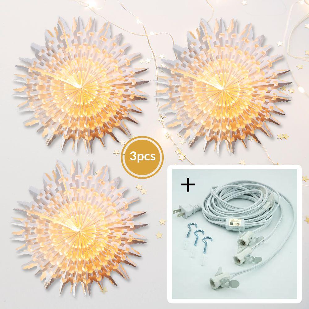 3-PACK + Cord | White Rasoio 24" Pizzelle Designer Illuminated Paper Star Lanterns and Lamp Cord Hanging Decorations - AsianImportStore.com - B2B Wholesale Lighting and Decor