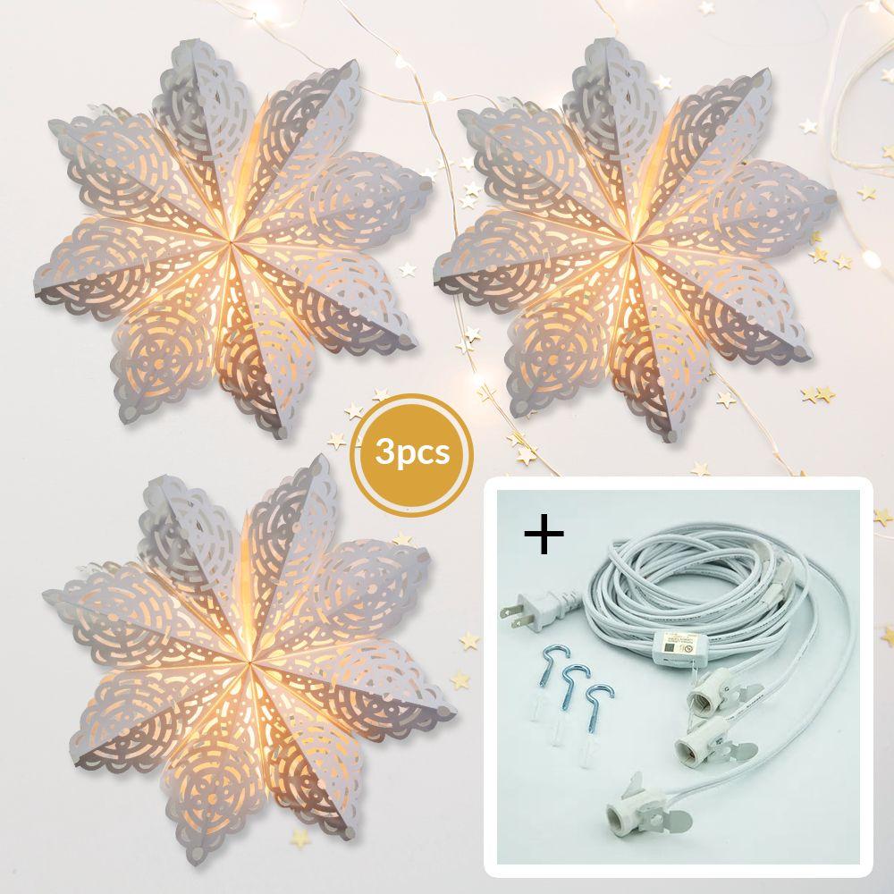  3-PACK + Cord | White Winter Frost 24" Pizzelle Designer Illuminated Paper Star Lanterns and Lamp Cord Hanging Decorations - AsianImportStore.com - B2B Wholesale Lighting and Decor