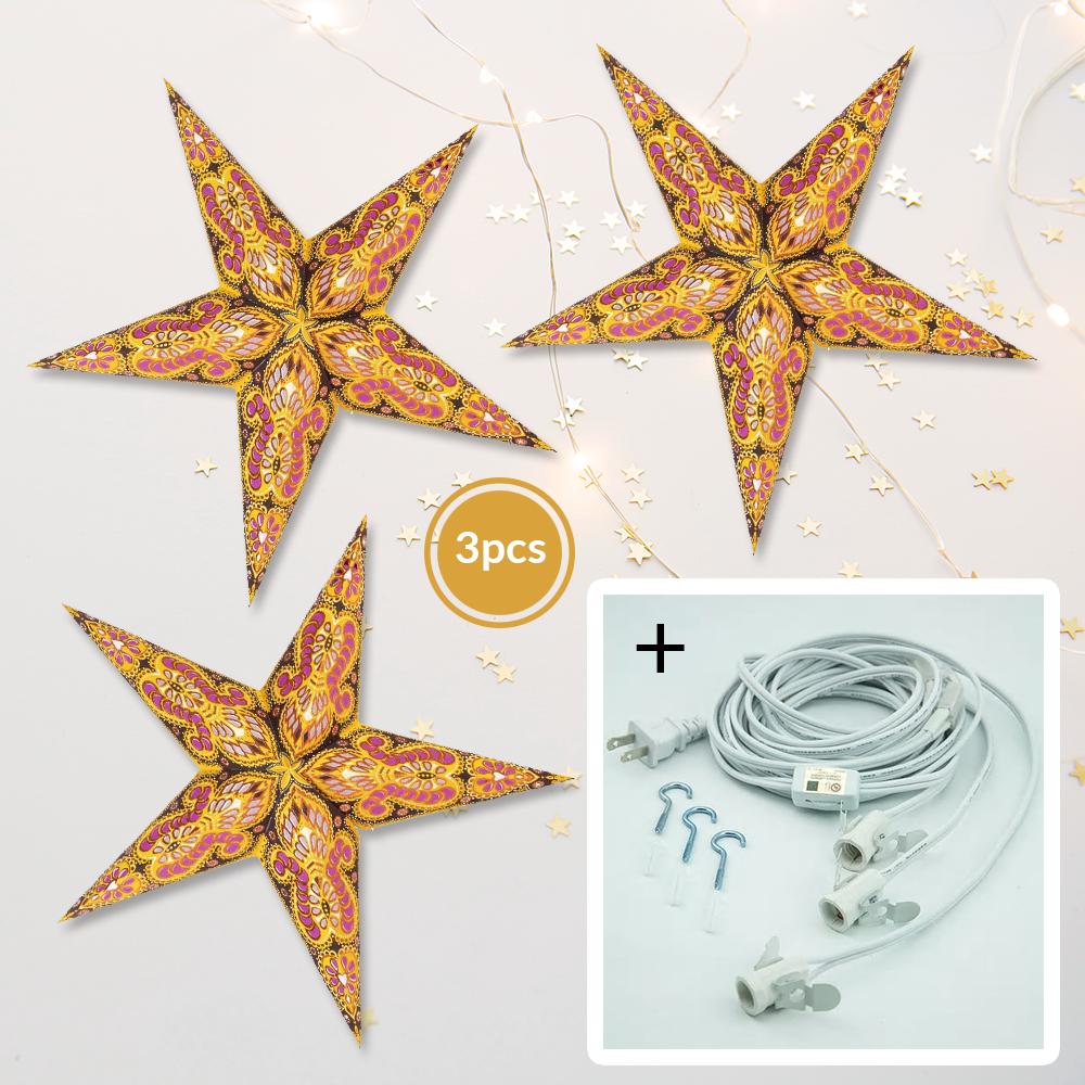  3-PACK + Cord | Yellow Peacock Glitter 24" Illuminated Paper Star Lanterns and Lamp Cord Hanging Decorations - AsianImportStore.com - B2B Wholesale Lighting and Decor