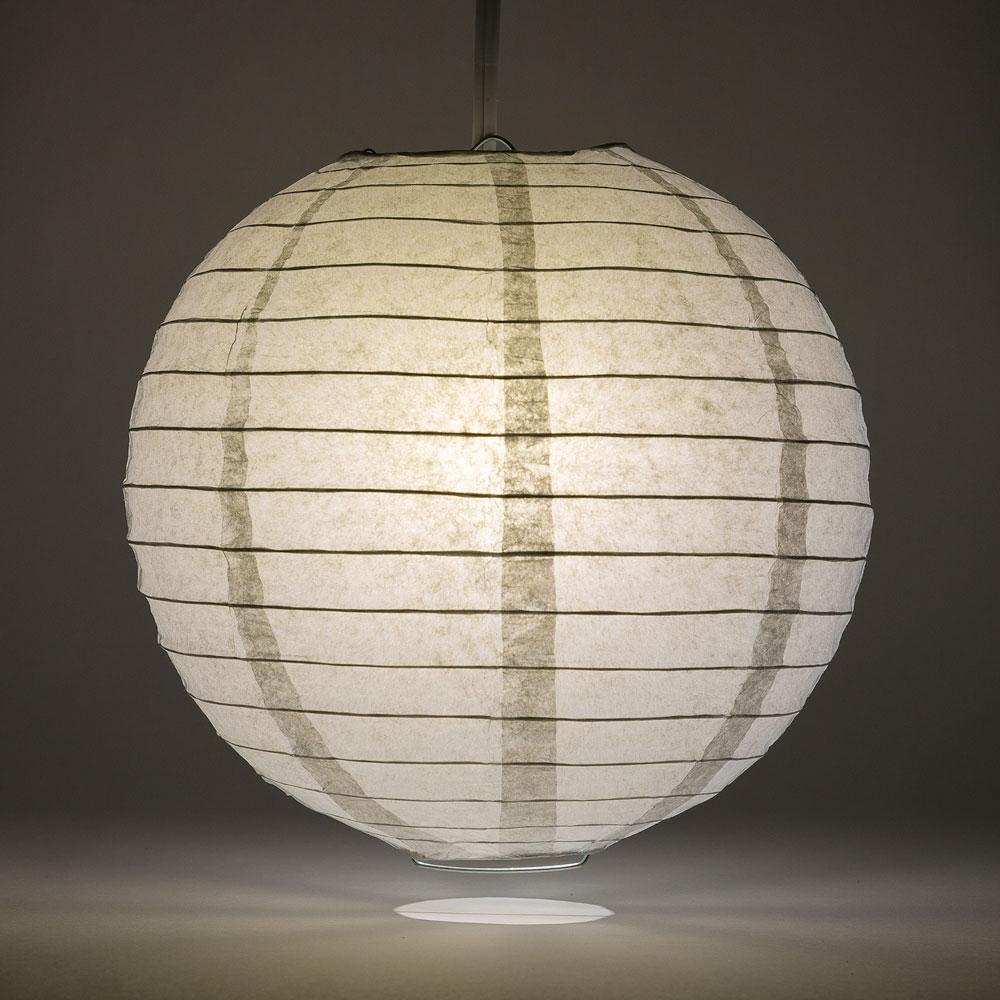 Lit Dove Gray Round Paper Lantern, Even Ribbing, Chinese Hanging Wedding & Party Decoration