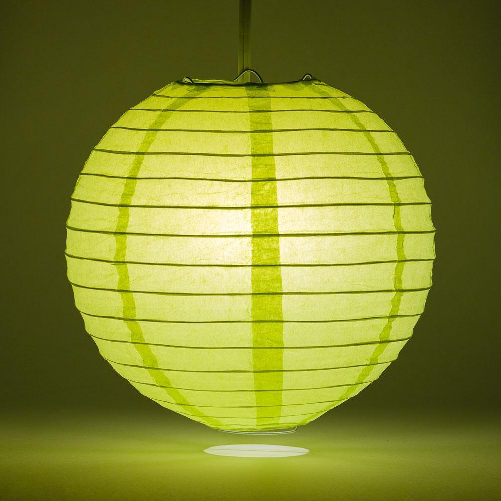 Lit Light Lime Green Round Paper Lantern, Even Ribbing, Chinese Hanging Wedding & Party Decoration
