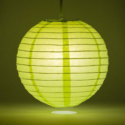 Lit Light Lime Green Round Paper Lantern, Even Ribbing, Chinese Hanging Wedding & Party Decoration