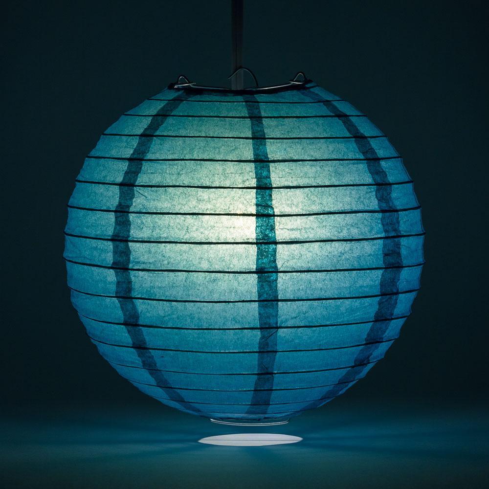 Lit Tahiti Teal Round Paper Lantern, Even Ribbing, Chinese Hanging Wedding & Party Decoration