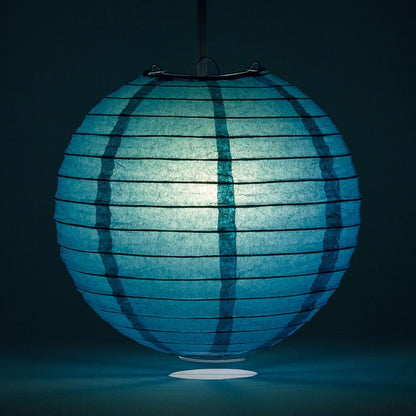 Lit Tahiti Teal Round Paper Lantern, Even Ribbing, Chinese Hanging Wedding & Party Decoration