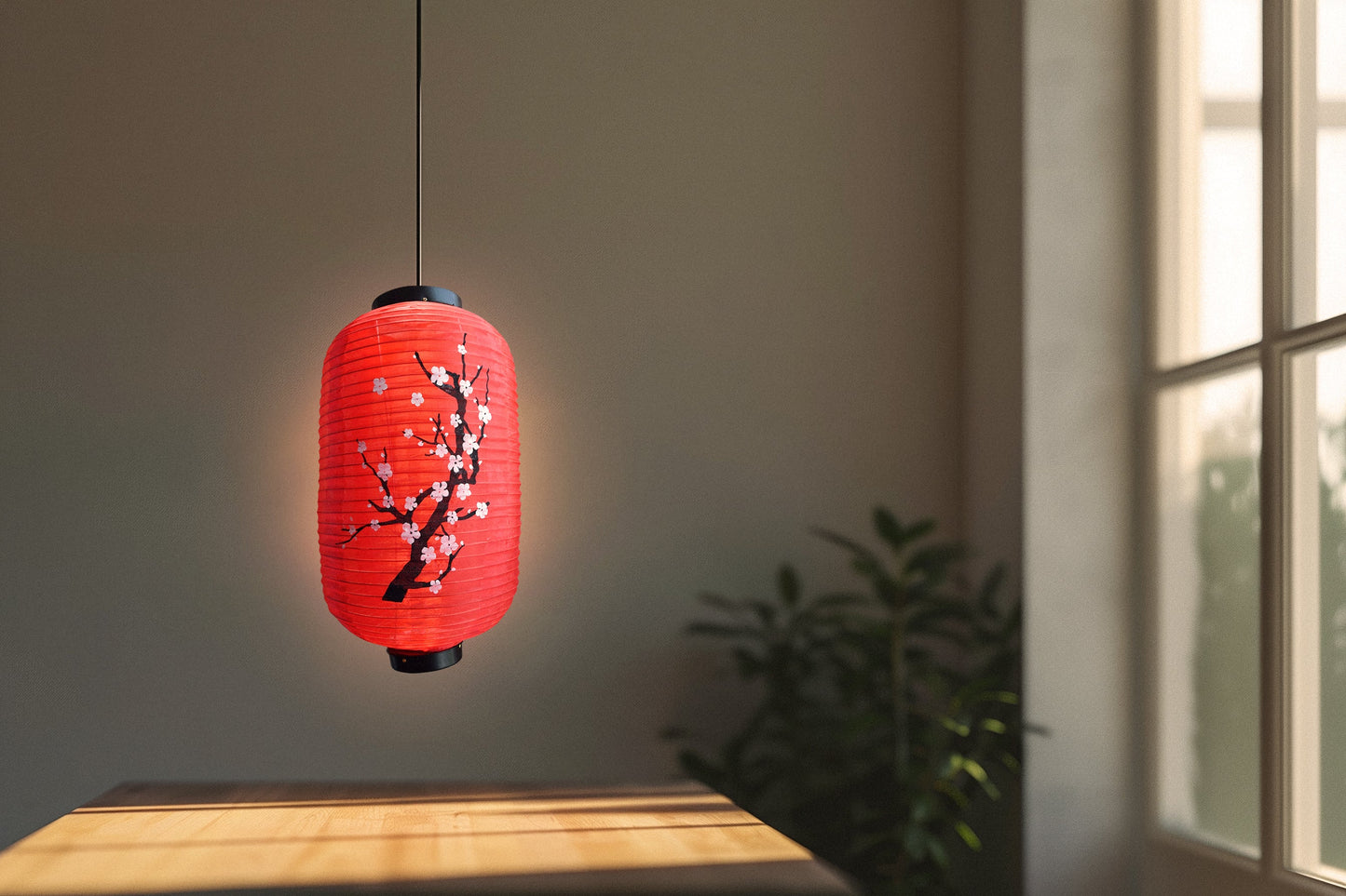 Japanese Style Nylon Lantern with Plum Tree Blossoms, Red (10"W x 16.5"H)