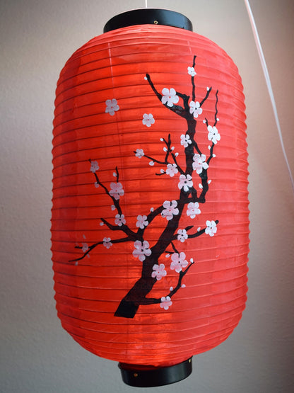 Japanese Style Nylon Lantern with Plum Tree Blossoms, Red (10"W x 16.5"H)