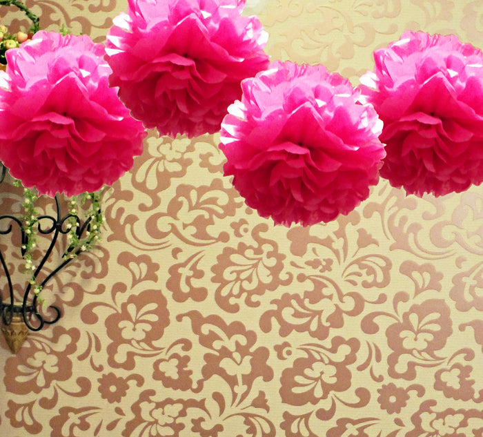 EZ-Fluff 12" Fuchsia Tissue Paper Pom Poms Flowers Balls, Decorations (4 PACK) - PaperLanternStore.com - Paper Lanterns, Decor, Party Lights & More