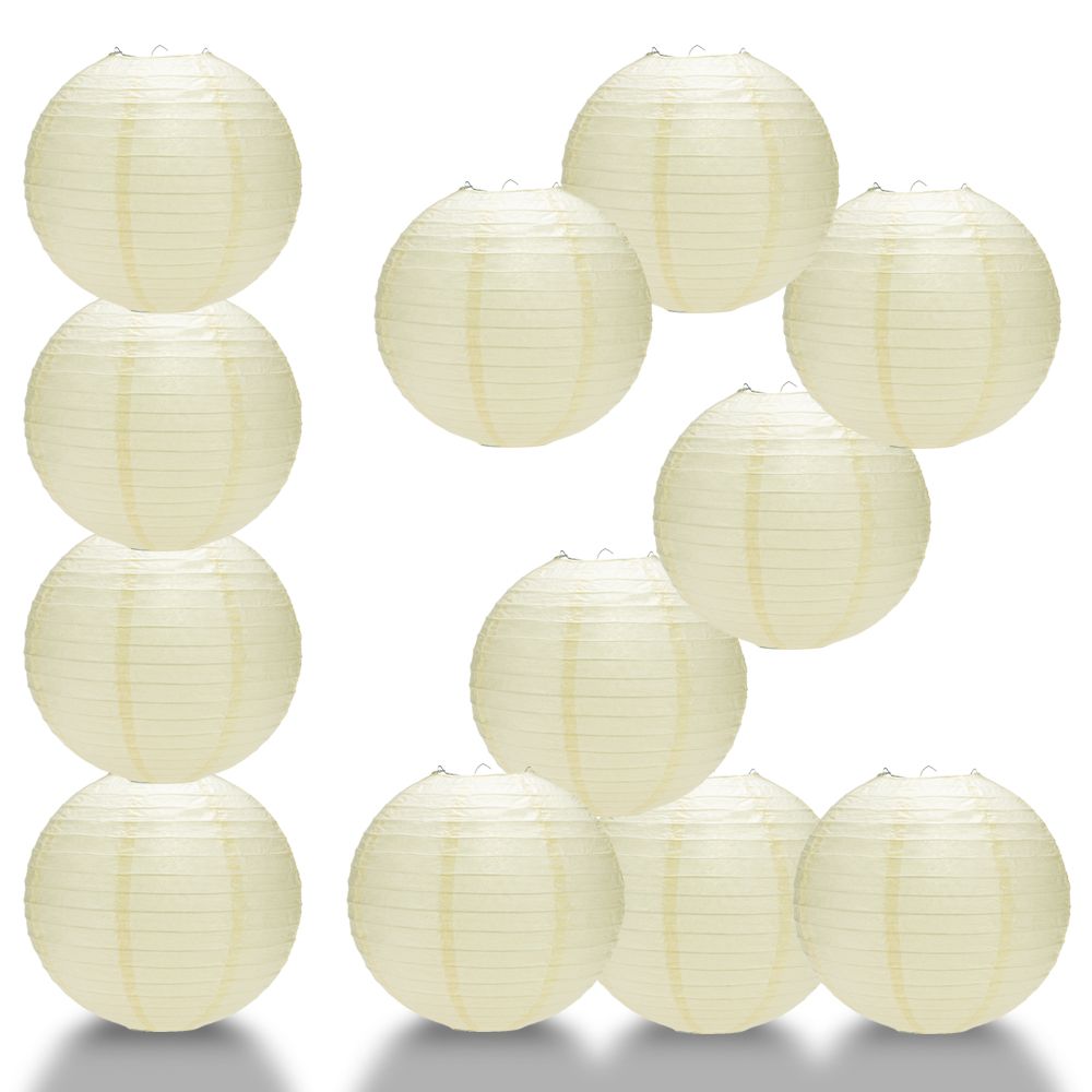 12 PACK | 12" Ivory Even Ribbing Round Paper Lantern, Hanging Combo Set - PaperLanternStore.com - Paper Lanterns, Decor, Party Lights & More