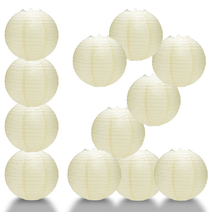 12 PACK | 12" Ivory Even Ribbing Round Paper Lantern, Hanging Combo Set - PaperLanternStore.com - Paper Lanterns, Decor, Party Lights & More