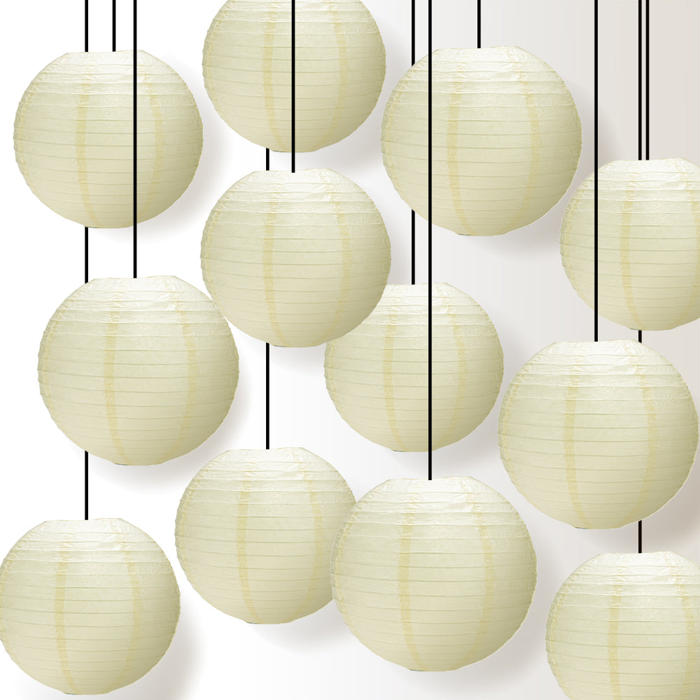 12 PACK | 12" Ivory Even Ribbing Round Paper Lantern, Hanging Combo Set - PaperLanternStore.com - Paper Lanterns, Decor, Party Lights & More