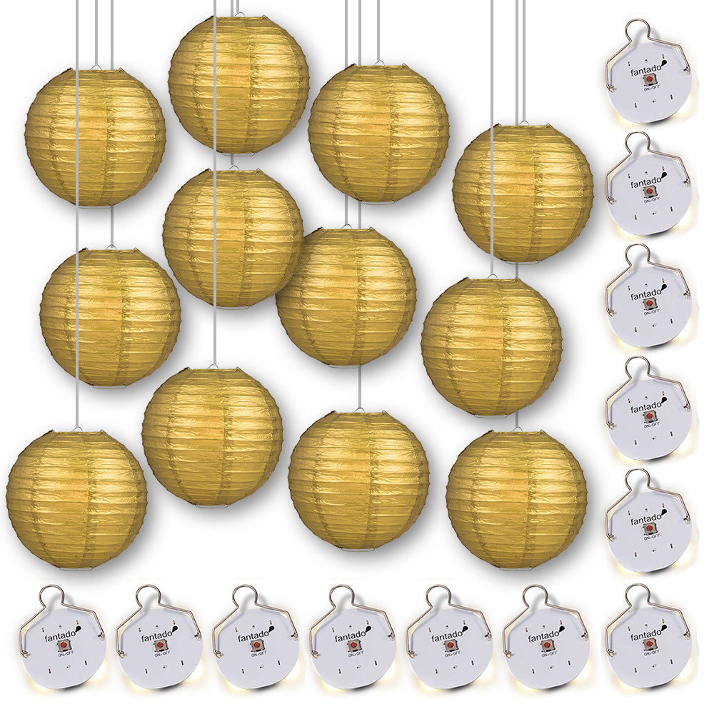MoonBright 12" Gold Paper Lanterns with Budget Friendly OmniDisk LED Lights (12-PACK Combo Kit) - PaperLanternStore.com - Paper Lanterns, Decor, Party Lights & More