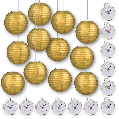 MoonBright 12" Gold Paper Lanterns with Budget Friendly OmniDisk LED Lights (12-PACK Combo Kit) - PaperLanternStore.com - Paper Lanterns, Decor, Party Lights & More