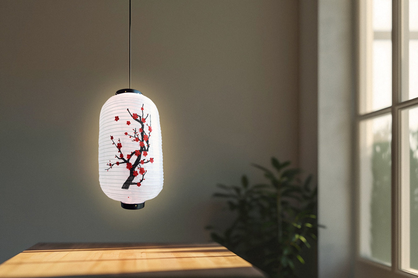 Japanese Style Nylon Lantern with Plum Tree Blossoms, White (10"W x 16.5"H)