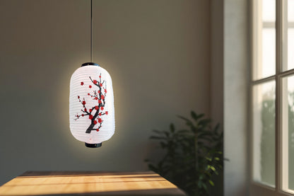 Japanese Style Nylon Lantern with Plum Tree Blossoms, White (10"W x 16.5"H)