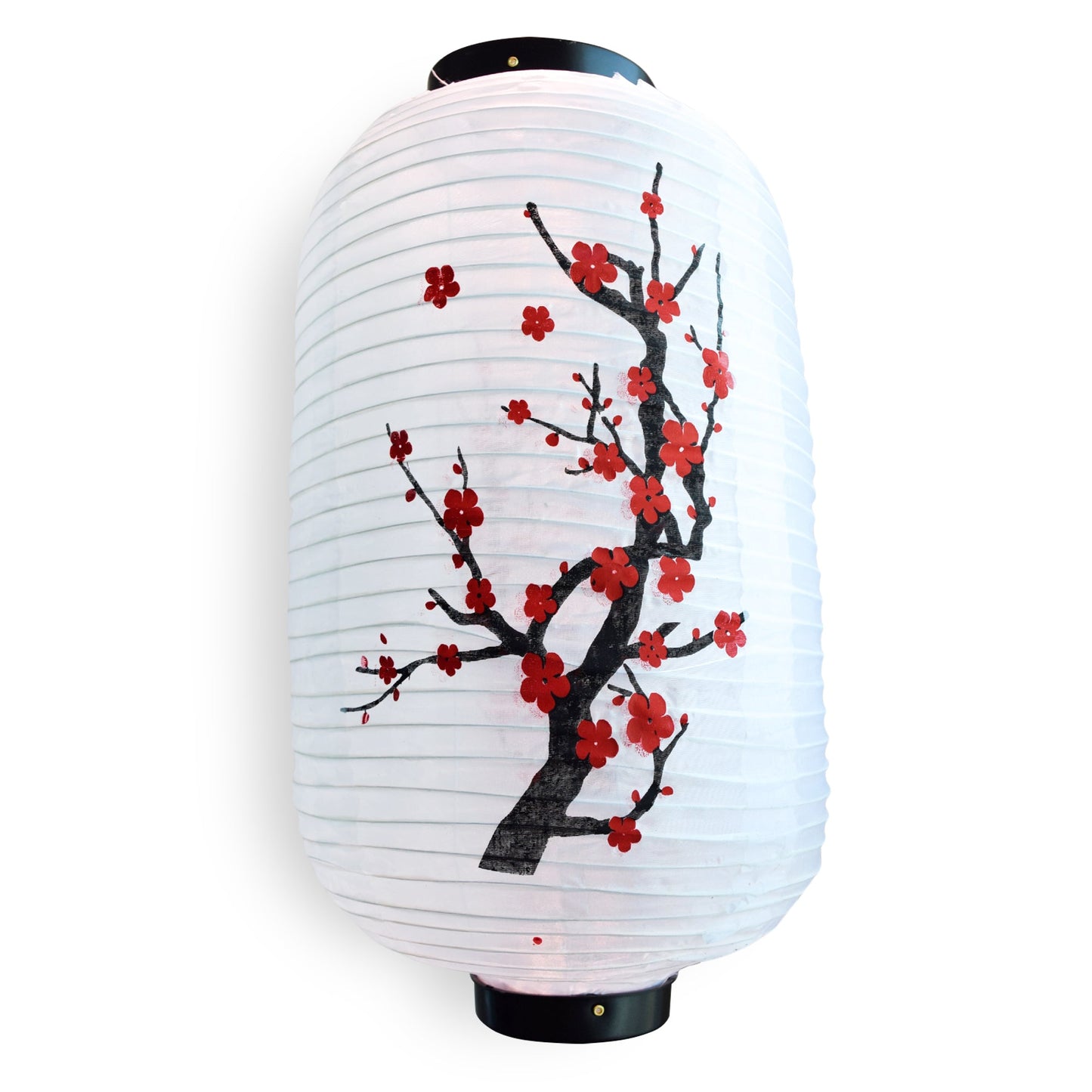 Japanese Style Nylon Lantern with Plum Tree Blossoms, White (10"W x 16.5"H)