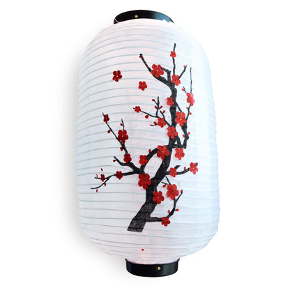 Japanese Style Nylon Lantern with Plum Tree Blossoms, White (10"W x 16.5"H)