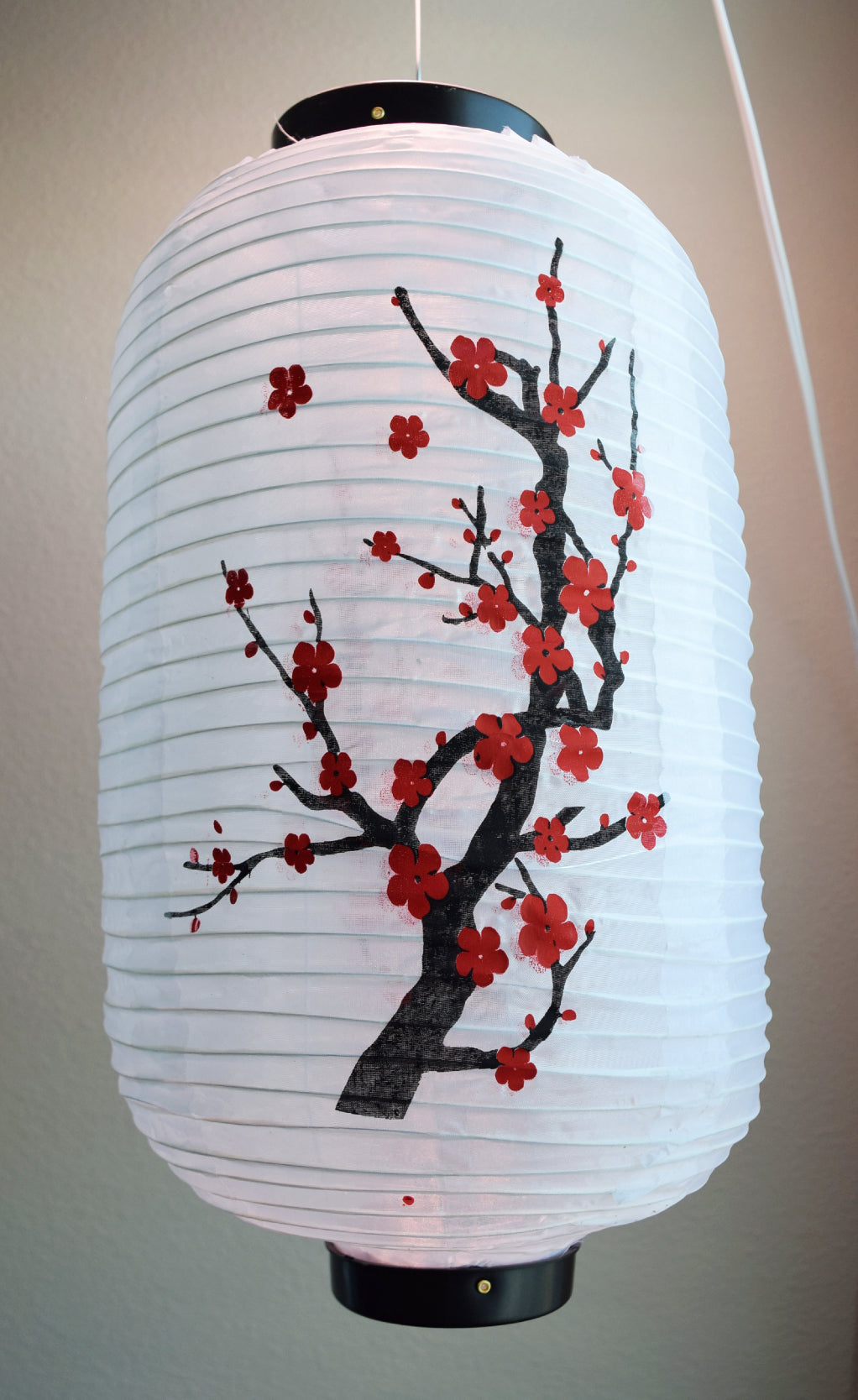 Japanese Style Nylon Lantern with Plum Tree Blossoms, White (10"W x 16.5"H)