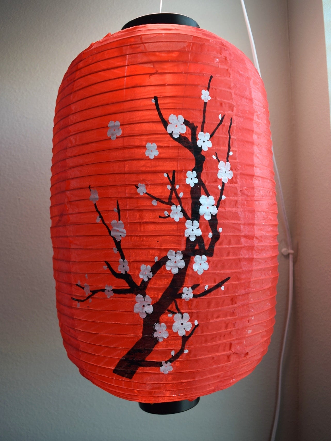 Large Japanese Style Nylon Lantern with Plum Tree Blossoms, Red (12"W x 19.5"H)