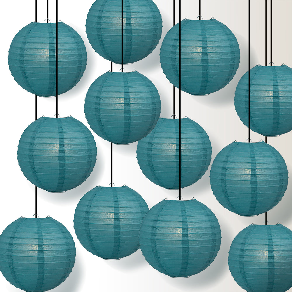 12 PACK | 12" Tahiti Teal Even Ribbing Round Paper Lantern, Hanging Combo Set - PaperLanternStore.com - Paper Lanterns, Decor, Party Lights & More