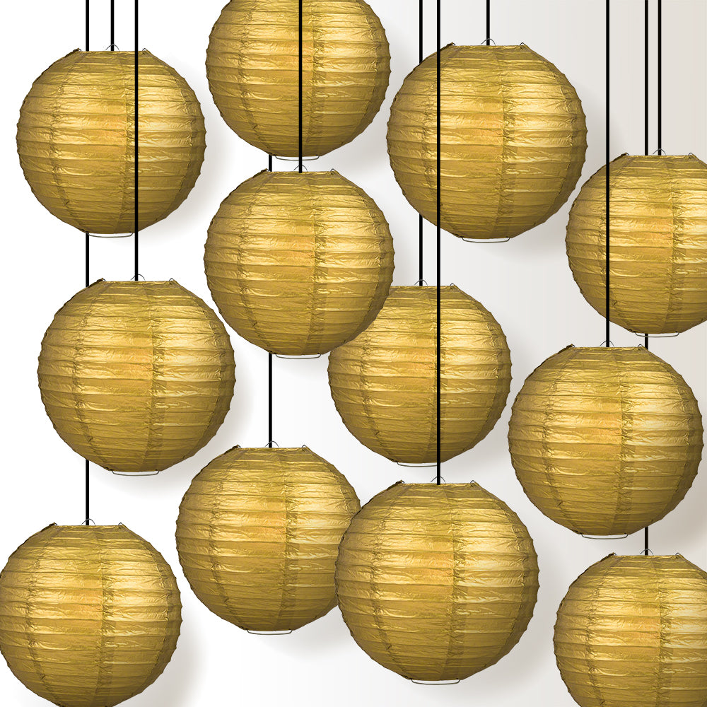 12 PACK | 12" Gold Even Ribbing Round Paper Lantern, Hanging Combo Set - PaperLanternStore.com - Paper Lanterns, Decor, Party Lights & More