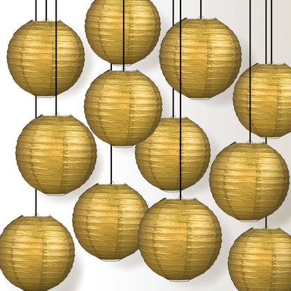12 PACK | 12" Gold Even Ribbing Round Paper Lantern, Hanging Combo Set - PaperLanternStore.com - Paper Lanterns, Decor, Party Lights & More