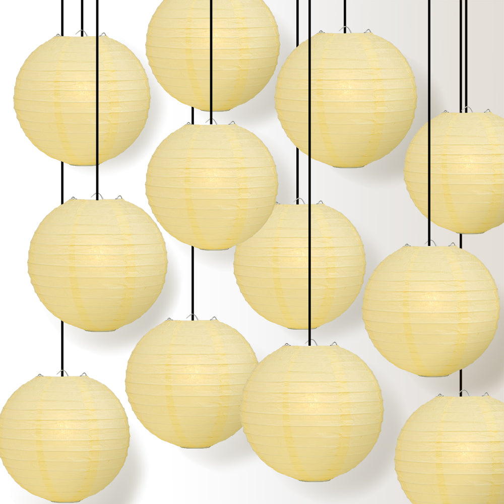 12 PACK | 12" Lemon Yellow Even Ribbing Round Paper Lantern, Hanging Combo Set - PaperLanternStore.com - Paper Lanterns, Decor, Party Lights & More