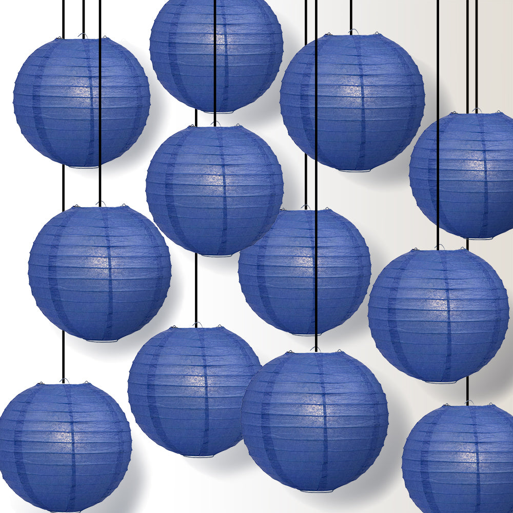12 PACK | 12" Dark Blue Even Ribbing Round Paper Lantern, Hanging Combo Set - PaperLanternStore.com - Paper Lanterns, Decor, Party Lights & More