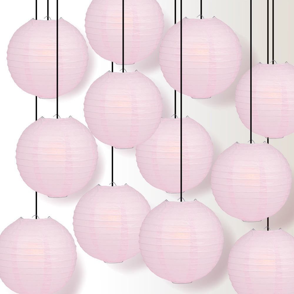 12 PACK | 12" Pink Even Ribbing Round Paper Lantern, Hanging Combo Set - PaperLanternStore.com - Paper Lanterns, Decor, Party Lights & More