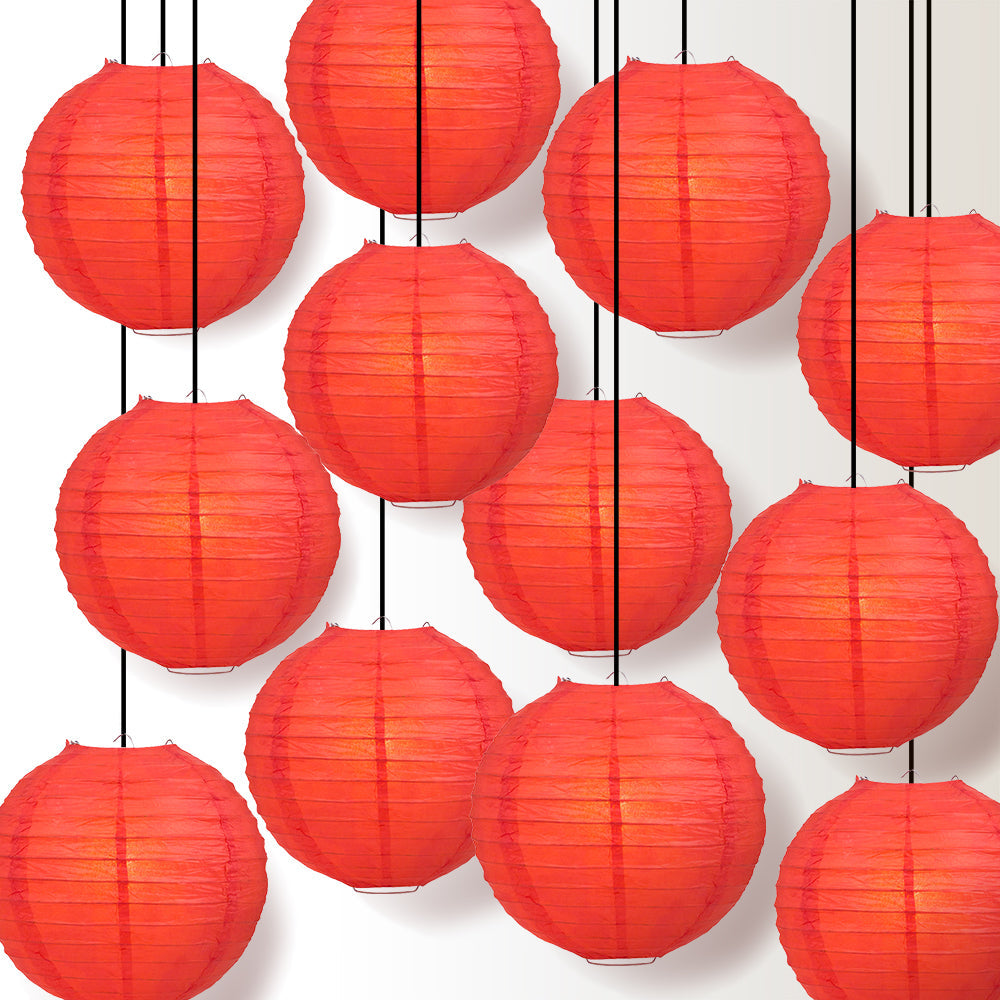 12 PACK | 12" Red Even Ribbing Round Paper Lantern, Hanging Combo Set - PaperLanternStore.com - Paper Lanterns, Decor, Party Lights & More