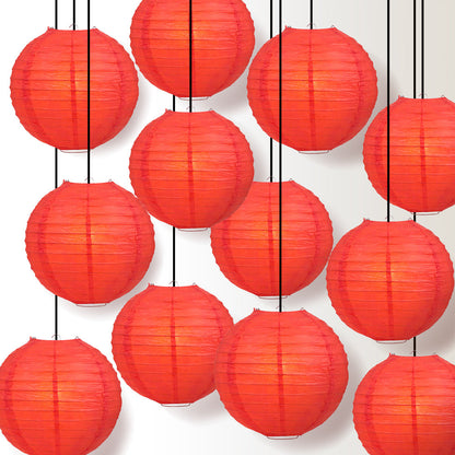 12 PACK | 12" Red Even Ribbing Round Paper Lantern, Hanging Combo Set - PaperLanternStore.com - Paper Lanterns, Decor, Party Lights & More