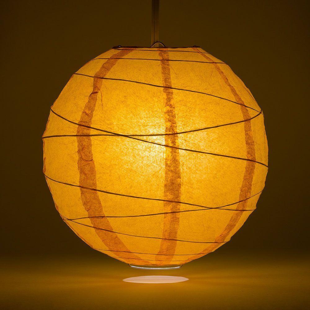 Lit Orange  Round Paper Lantern, Crisscross Ribbing, Chinese Hanging Wedding & Party Decoration