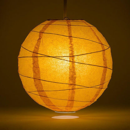 Lit Orange  Round Paper Lantern, Crisscross Ribbing, Chinese Hanging Wedding & Party Decoration