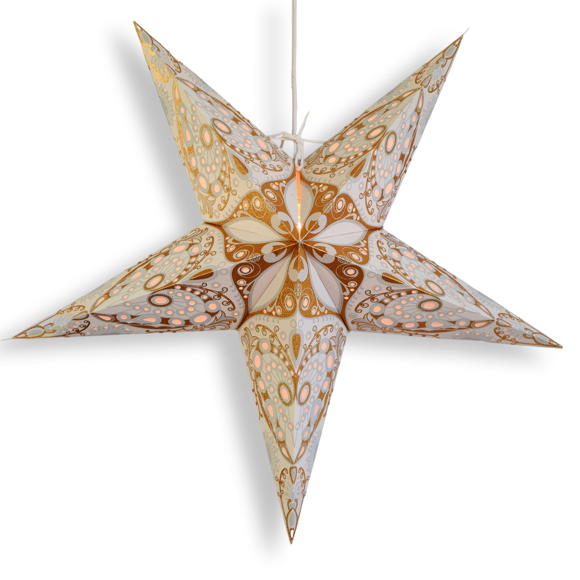 24 Inch Paper Star Lantern, Grey Gold Moon Burst Glitter