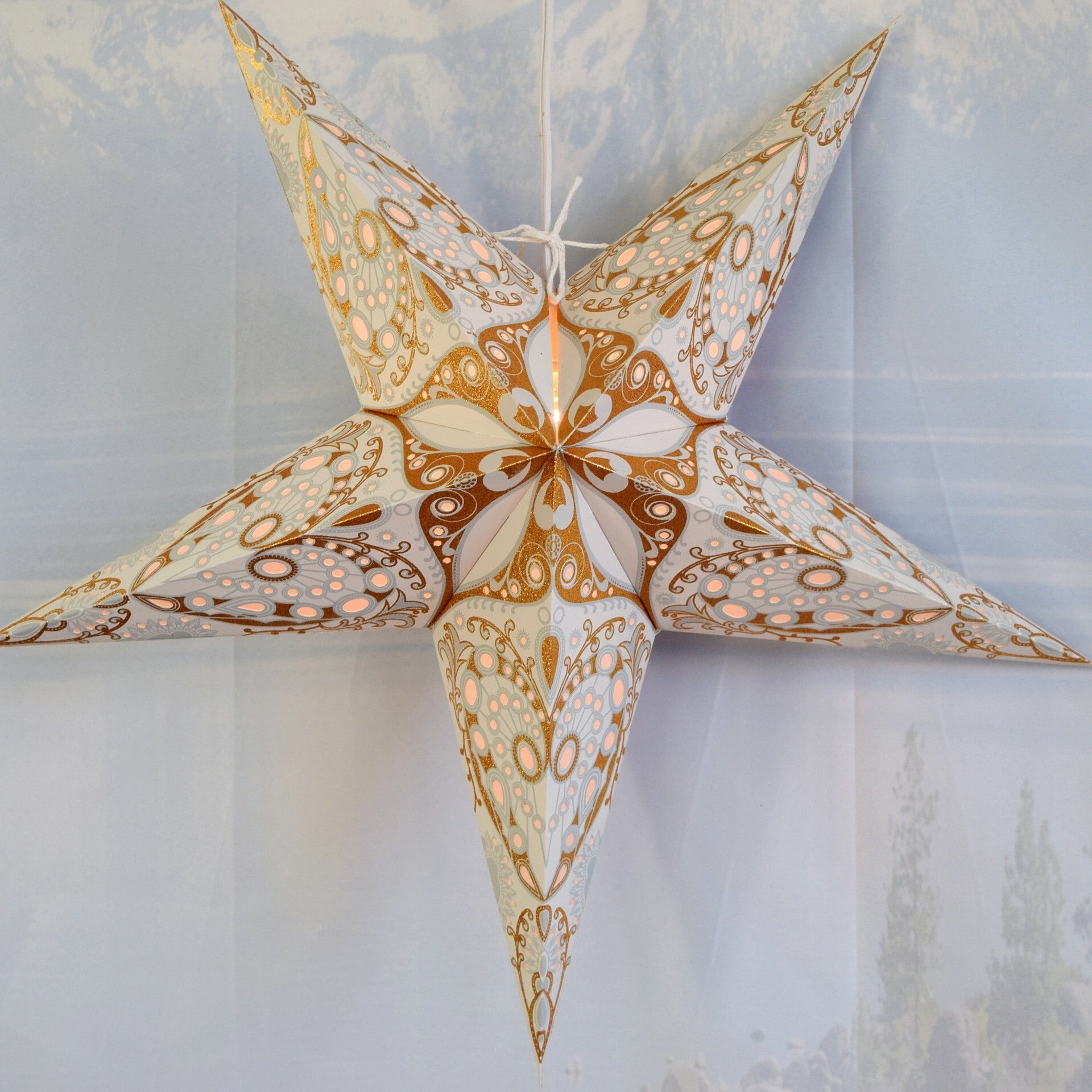 24 Inch Paper Star Lantern, Grey Gold Moon Burst Glitter