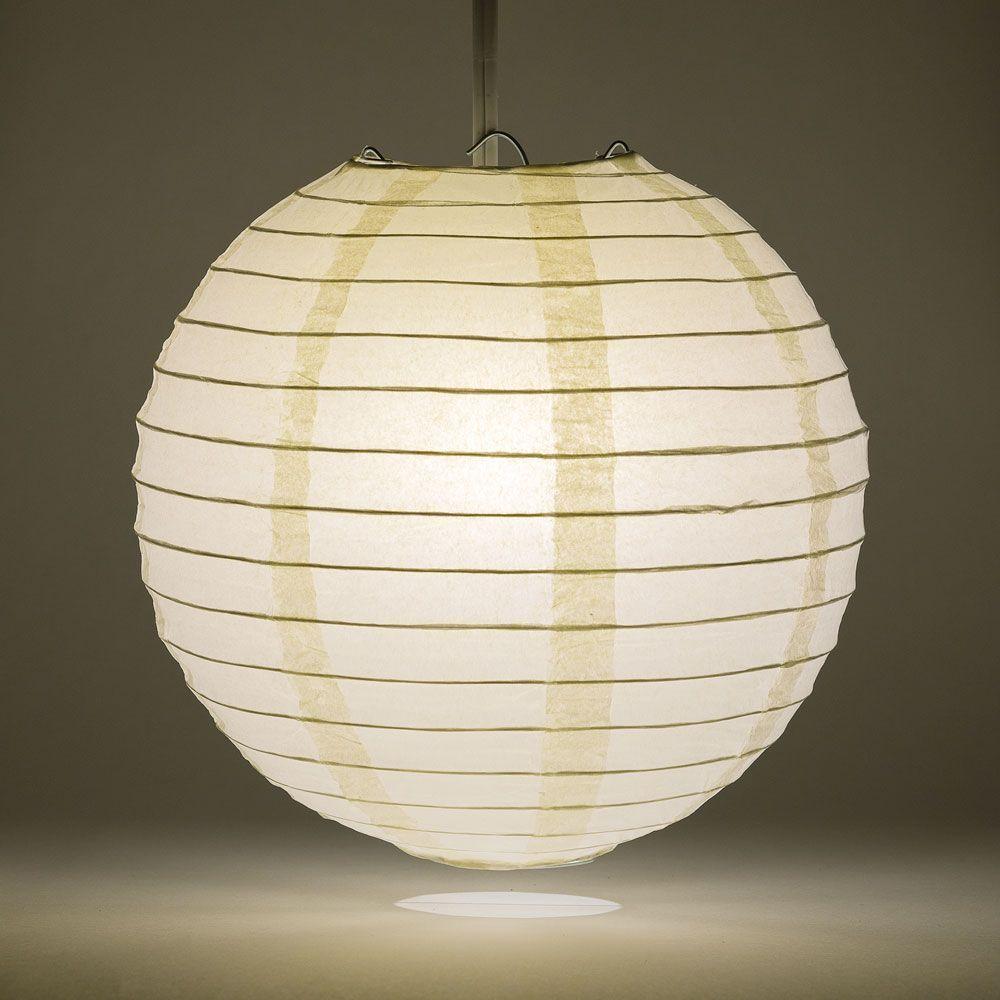 Lit Beige Round Paper Lantern, Even Ribbing, Chinese Hanging Wedding & Party Decoration