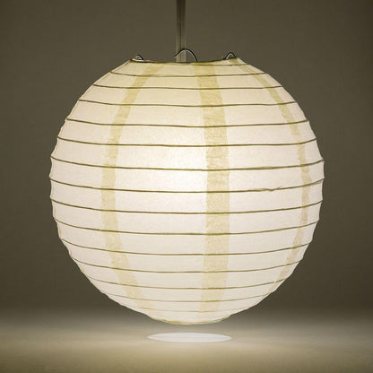 Lit Beige Round Paper Lantern, Even Ribbing, Chinese Hanging Wedding & Party Decoration