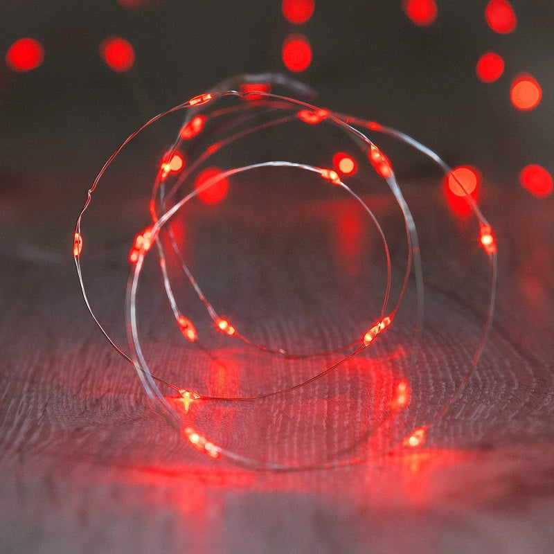 7.5 FT|20 LED Battery Operated Red Fairy String Lights With Silver Wire - PaperLanternStore.com - Paper Lanterns, Decor, Party Lights & More