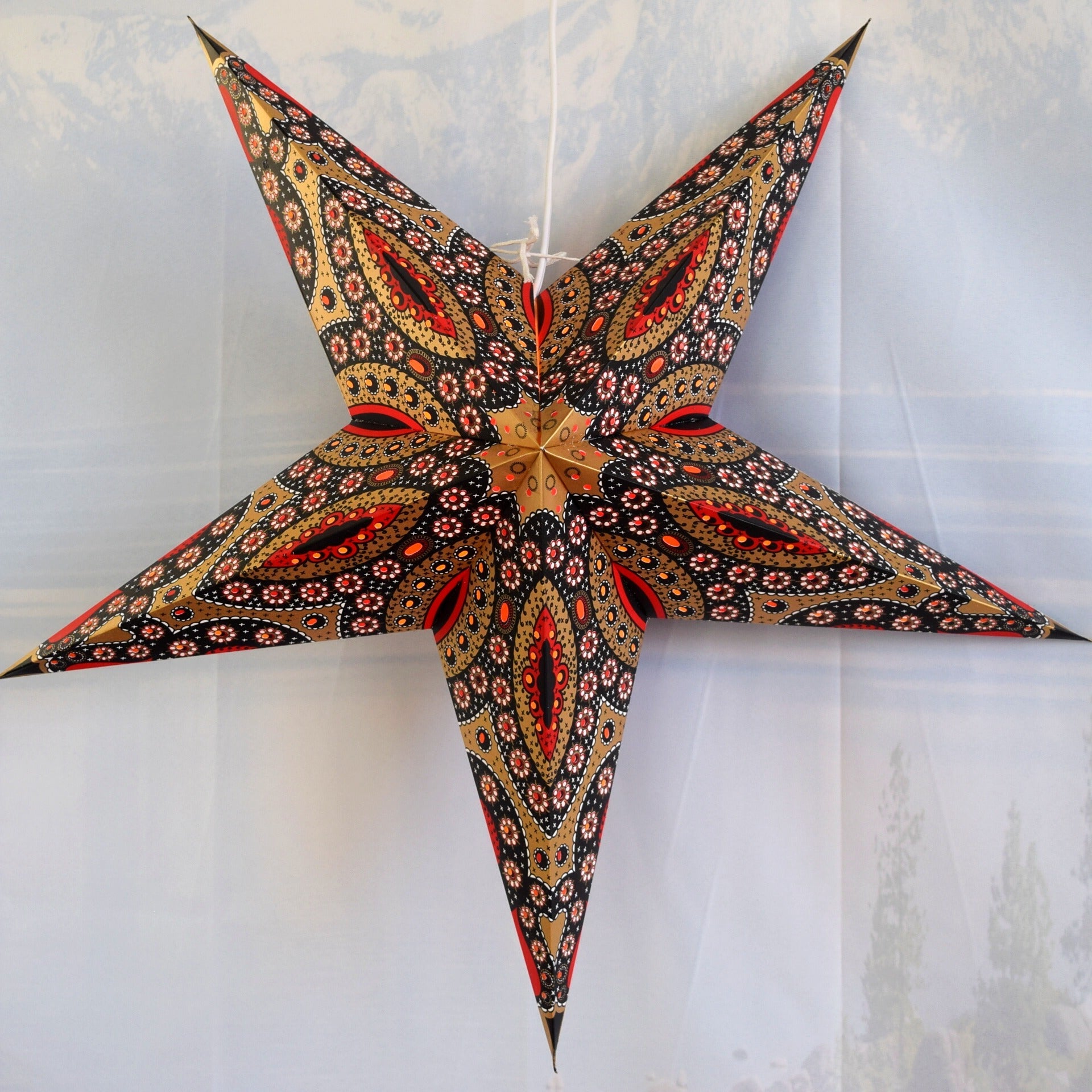 24 Inch Paper Star Lantern, Red Gold Starlight