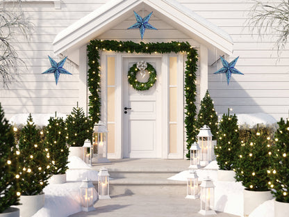 24 Inch Paper Star Lantern, Blue Mystic Glitter KIT with Pendant Light Included