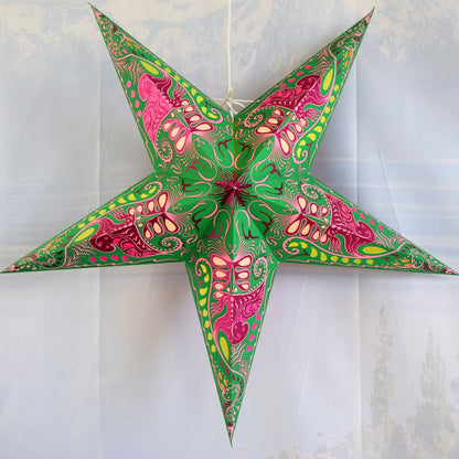 3-PACK | 24 Inch Paper Star Lantern, Green Pink Nebula KIT with Triple Pendant Light Included