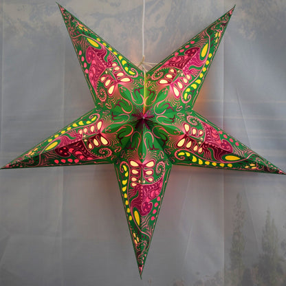 3-PACK | 24 Inch Paper Star Lantern, Green Pink Nebula KIT with Triple Pendant Light Included
