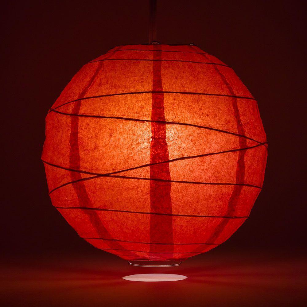Lit Red Round Paper Lantern, Crisscross Ribbing, Chinese Hanging Wedding & Party Decoration