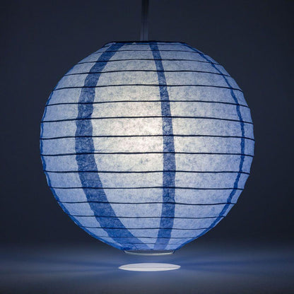 Lit Serenity Blue Round Paper Lantern, Even Ribbing, Chinese Hanging Wedding & Party Decoration