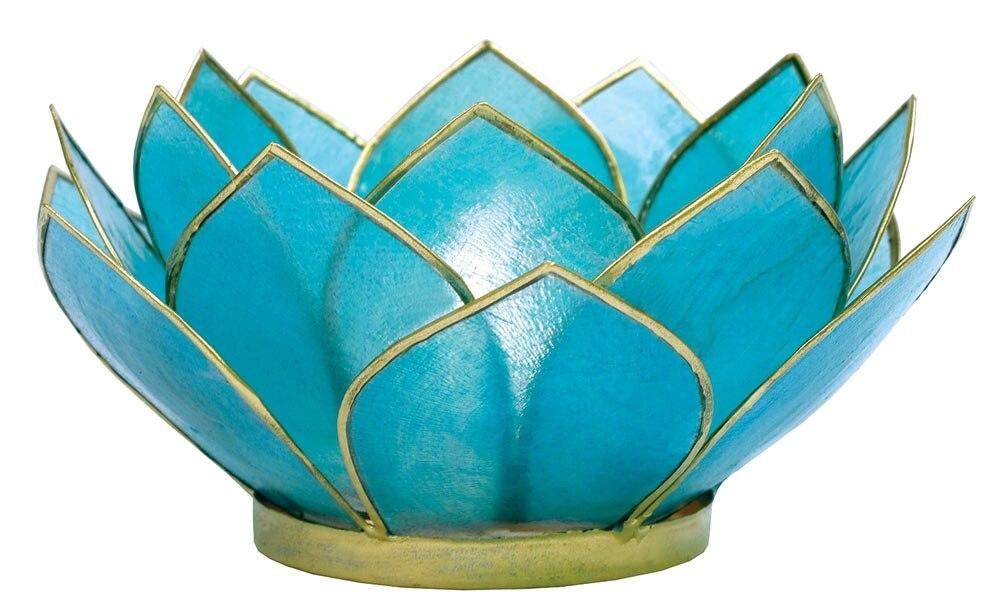 Turquoise Blue & Gold Nani Medium Capiz Lotus Candle Holder - PaperLanternStore.com - Paper Lanterns, Decor, Party Lights & More