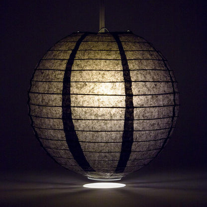 Lit Black Round Paper Lantern, Even Ribbing, Chinese Hanging Wedding & Party Decoration