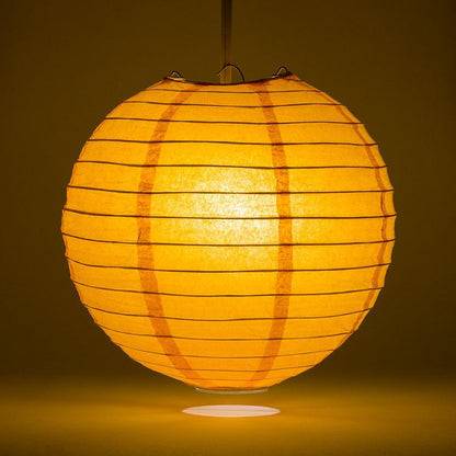 Lit Orange Round Paper Lantern, Even Ribbing, Chinese Hanging Wedding & Party Decoration