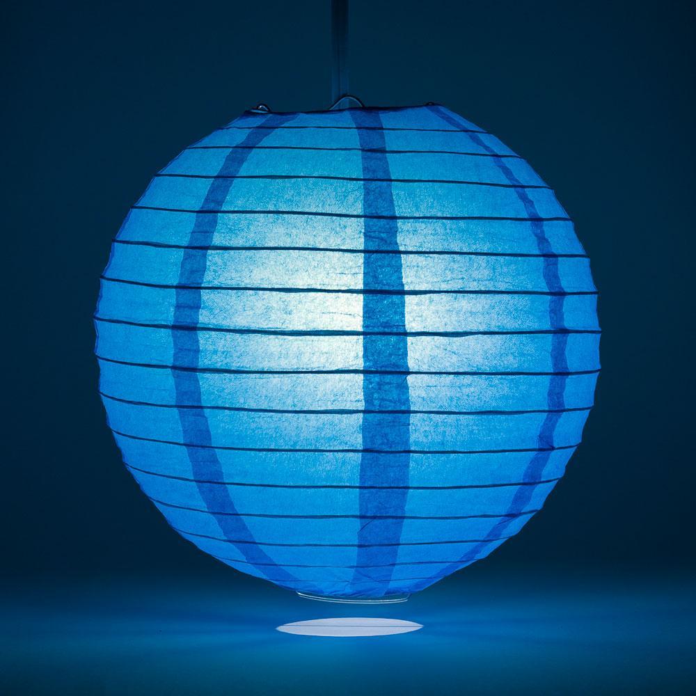 Lit Turquoise Blue Round Paper Lantern, Even Ribbing, Chinese Hanging Wedding & Party Decoration