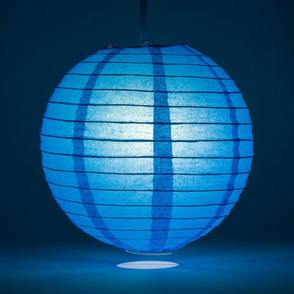 Lit Turquoise Blue Round Paper Lantern, Even Ribbing, Chinese Hanging Wedding & Party Decoration